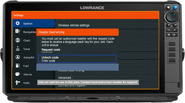 Unlocking geofence on the chartplotter Lowrance HDS-Live